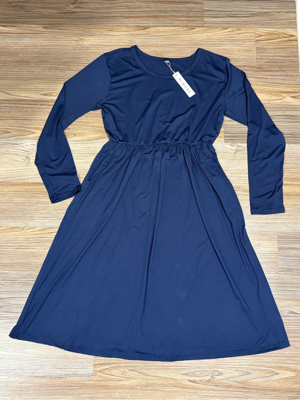 Long-Sleeve Elastic Waist Dress in Navy by Misfay